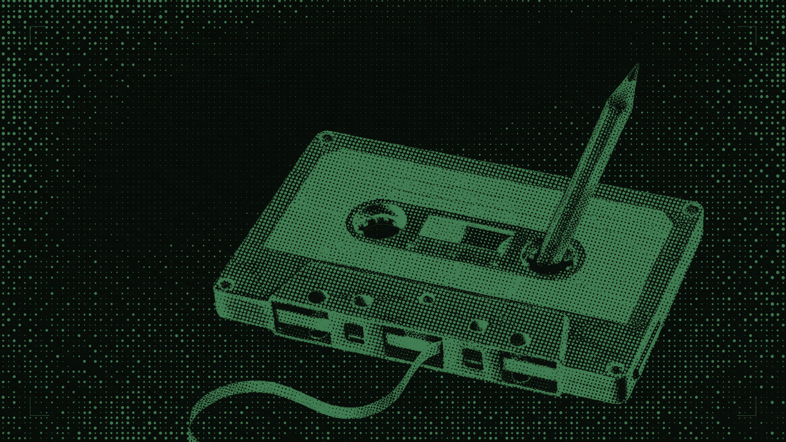 A blank audio cassette in mint halftone, a pencil pushed through one reel and a loop of loose tape pulled out