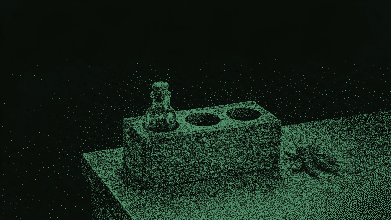 A wooden crate with three round slots on a counter, one holding a small corked bottle, beside a few dried chilies