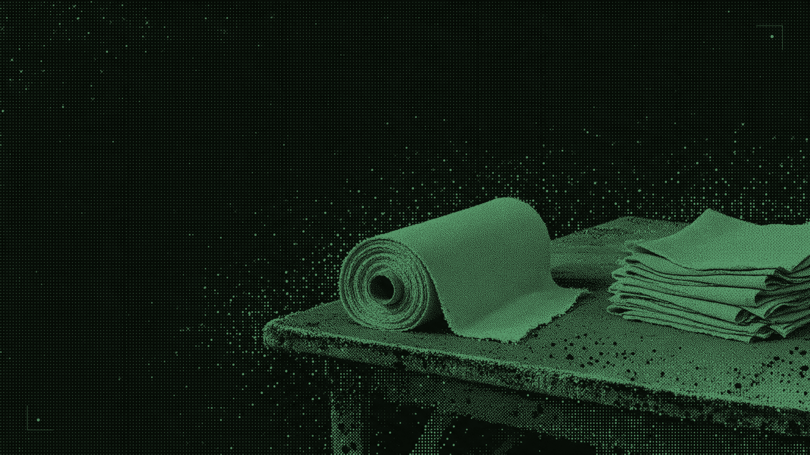 The last folded garment on a bare shelf in mint halftone, lit from above