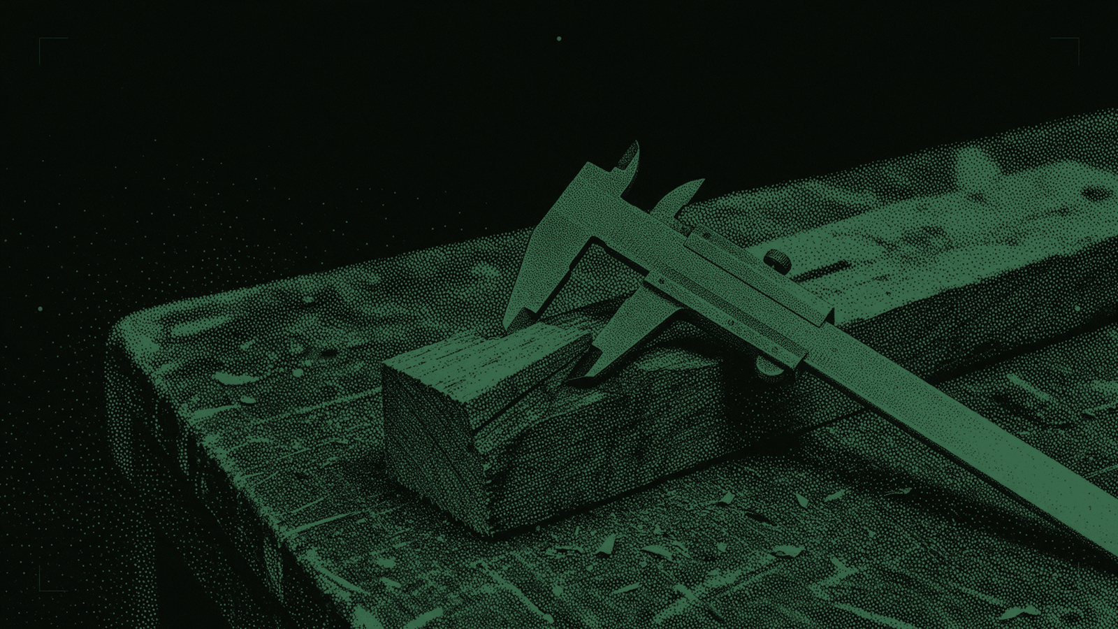 A set of calipers closing on a rough block of wood on a workbench