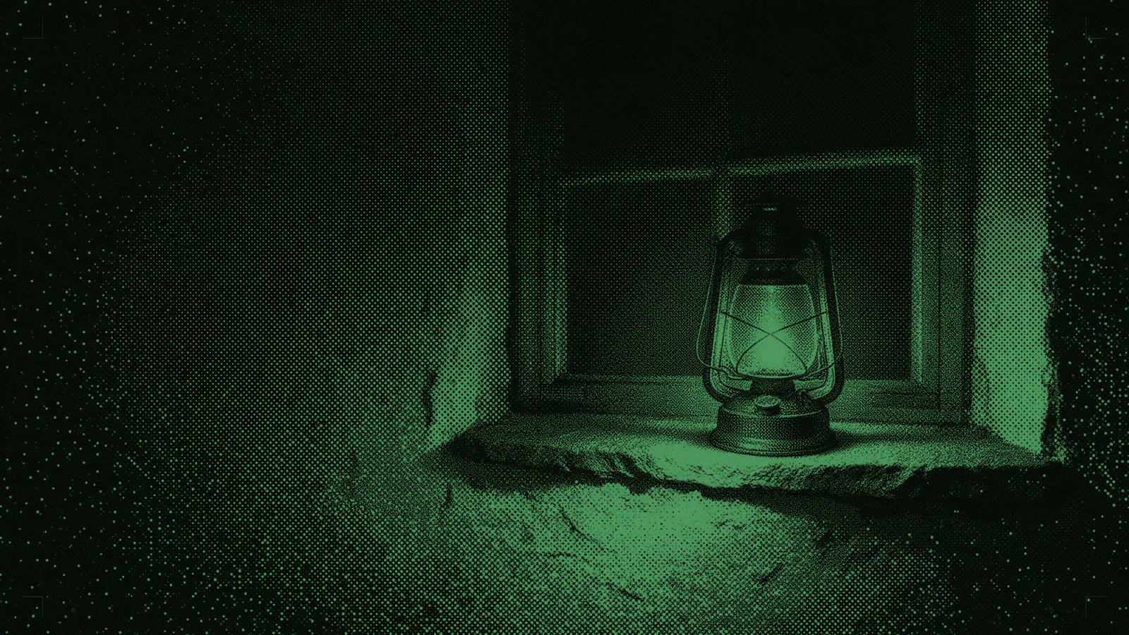An oil lantern burning on a stone windowsill at night, its glow spilling onto the sill, in mint halftone dots