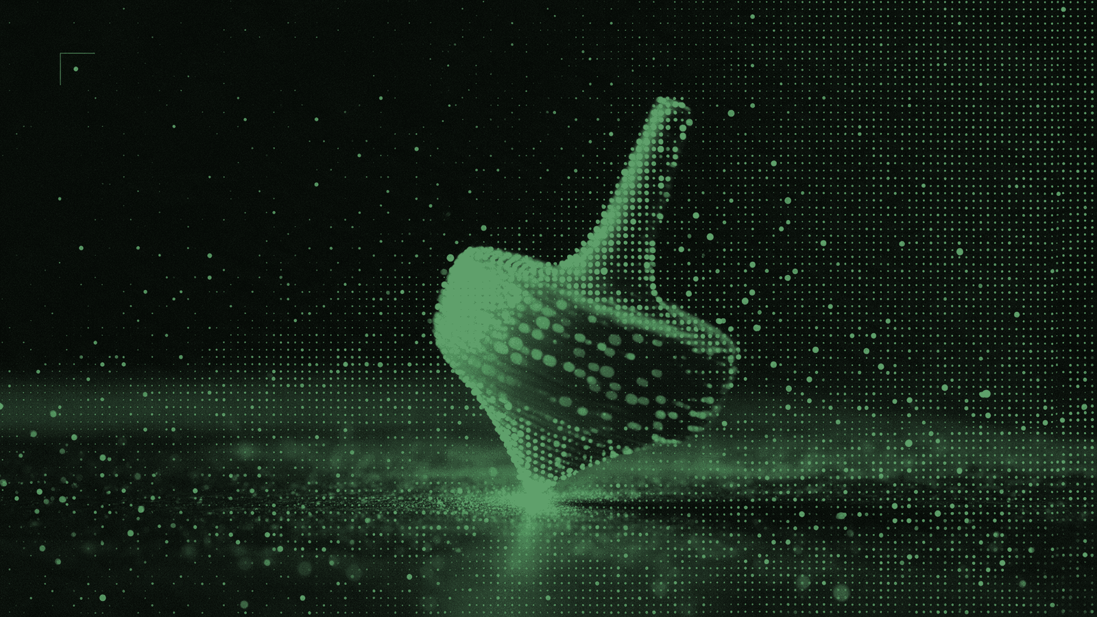 A wooden spinning top in mint halftone, caught mid-spin with its tip glowing where it touches the table
