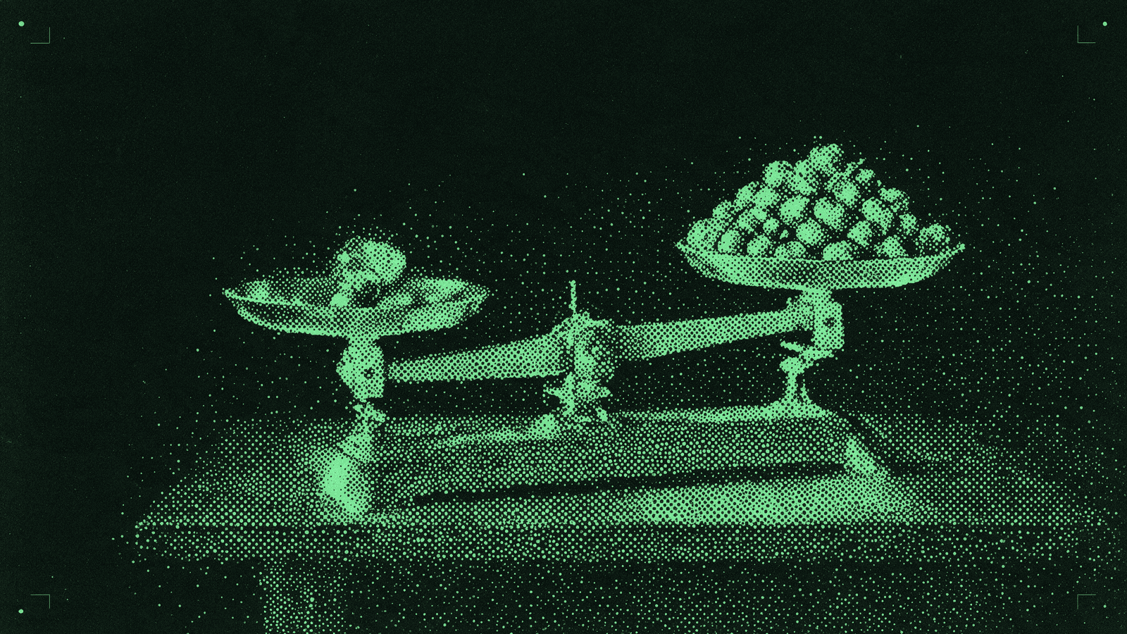 A two-pan beam balance on a plain bench, one pan heaped with a mound of identical small objects and the other holding a single small object, the beam tipped decisively towards the single one, rendered as a coarse green dot-matrix halftone on near-black