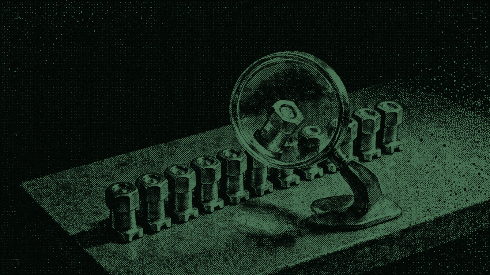 A long row of identical machined parts on a bench, one of them lifted out and held under a magnifier