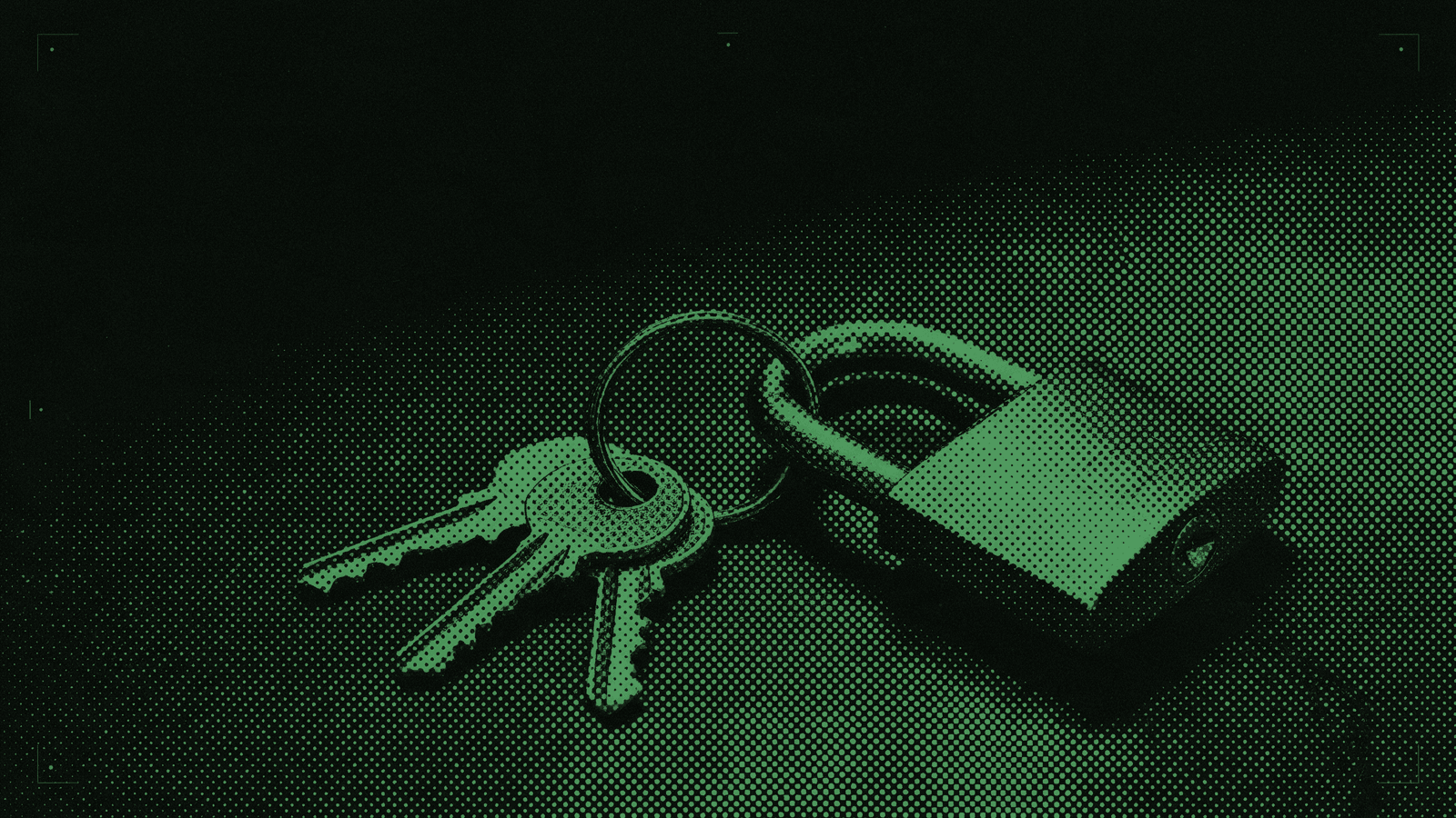 A ring of three old keys with a plain padlock hanging from it