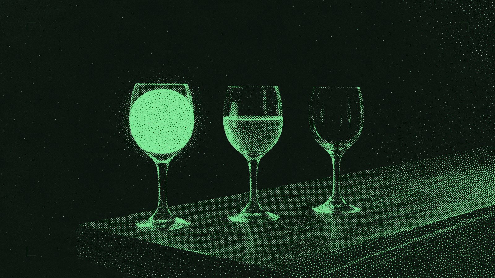 Three wine glasses on a bar counter in mint halftone: the first full and glowing, the second half full, the third empty