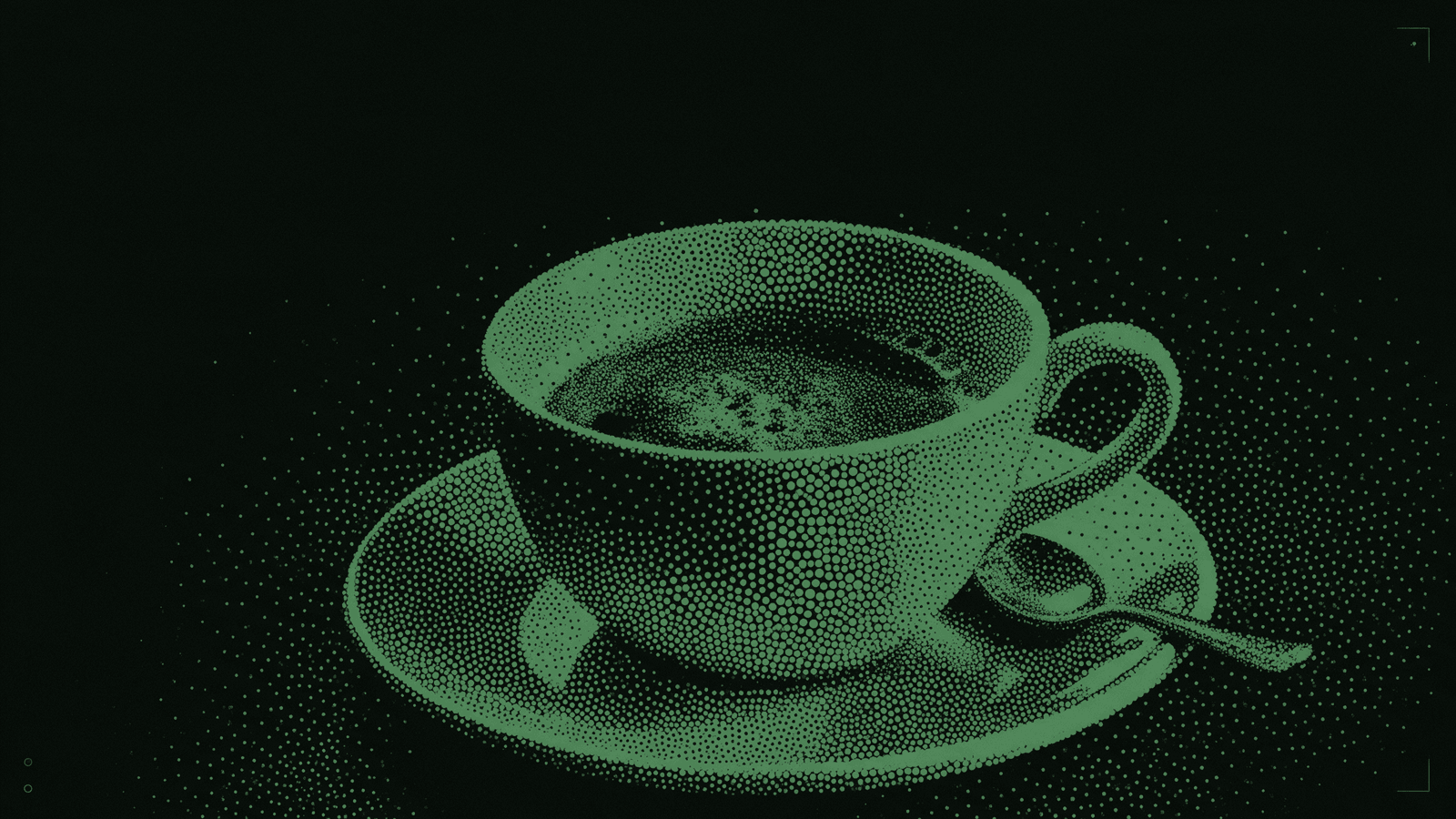 A ceramic coffee cup on its saucer, a teaspoon resting beside it, drawn in mint halftone dots