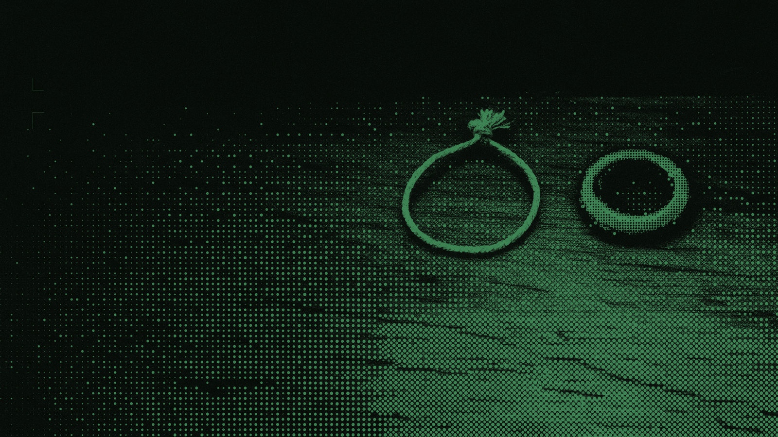 A loop of plain string knotted into a circle beside a plain ring on a wooden surface, in mint halftone dots