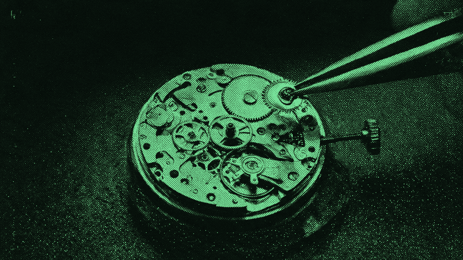 An exposed mechanical watch movement seen from above, dial and hands removed so the gear train and escapement are visible, one wheel lifted clear on tweezers, rendered as a fine green dot-matrix halftone on near-black