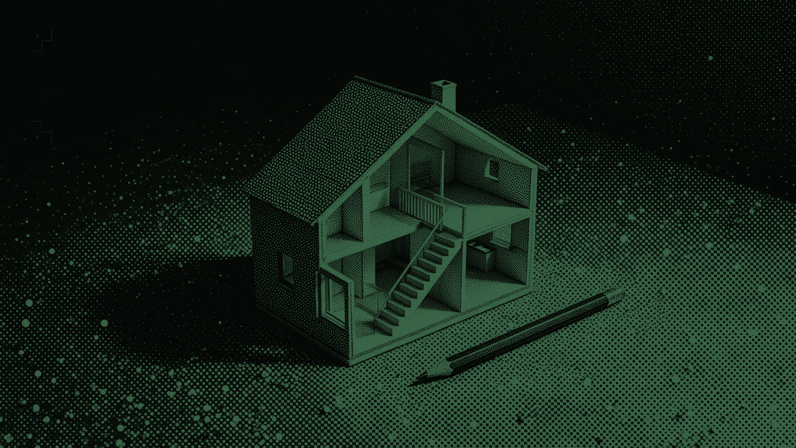 An architect's plain cardboard section model of a small house, cut open to show its rooms and stairs, with a pencil lying beside it, in mint halftone