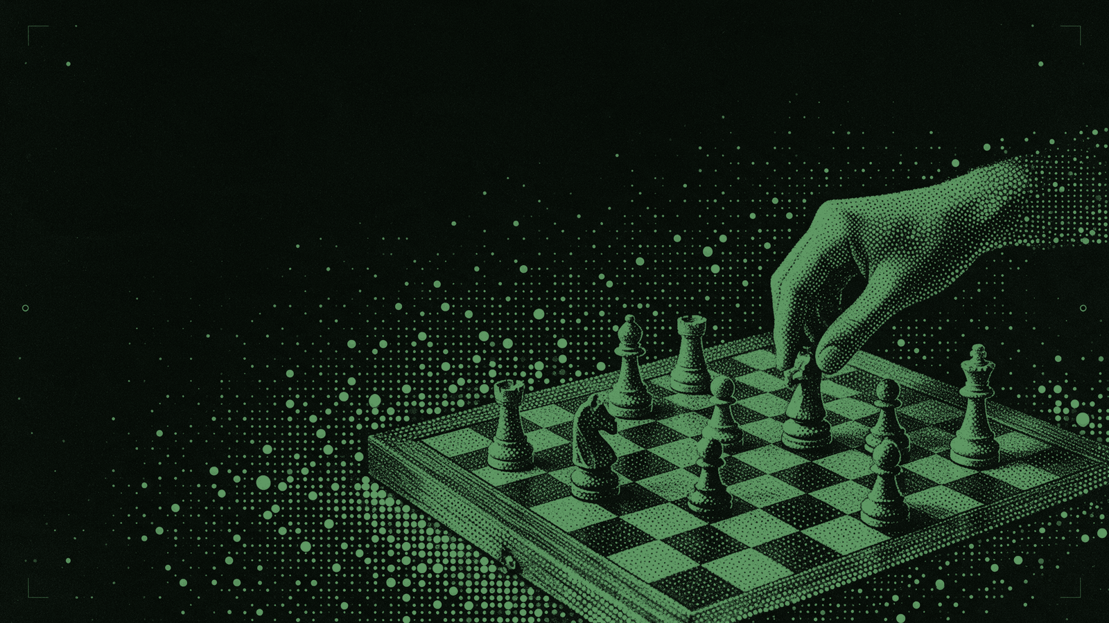 A hand reaching over a chess board in mint halftone, about to lift one piece while the others stand still