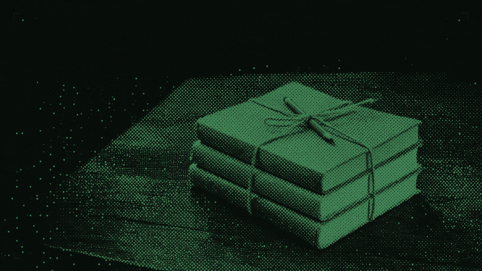 A small stack of three plain paperback books in mint halftone, tied with twine, a pencil tucked under the knot