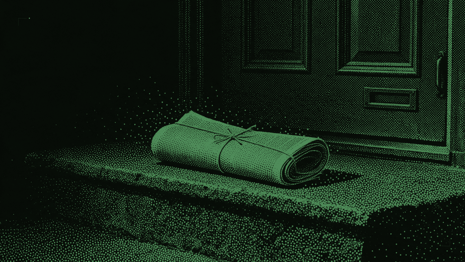 A rolled newspaper tied with string on the step of a closed front door, in mint halftone dots
