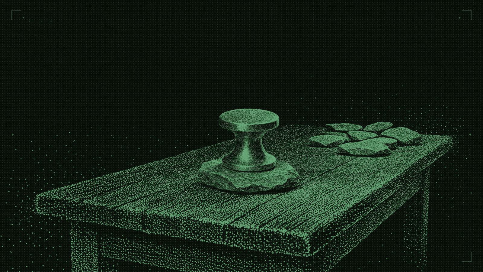 A brass weight holding down one flat stone at the centre of a long bare table, identical stones scattered out of reach at the far edge