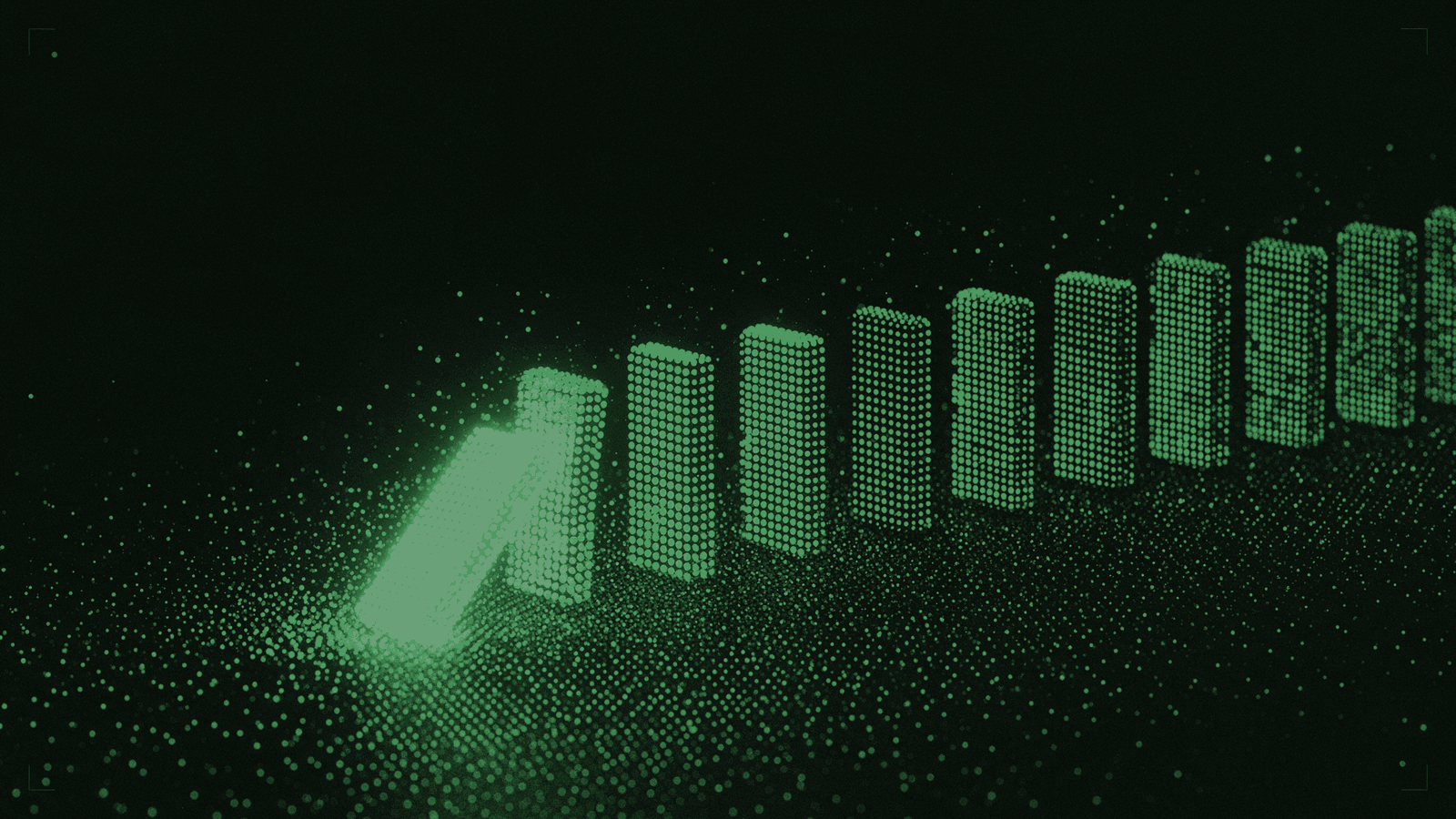A line of standing dominoes in mint halftone, with one near the start tipped forward and glowing