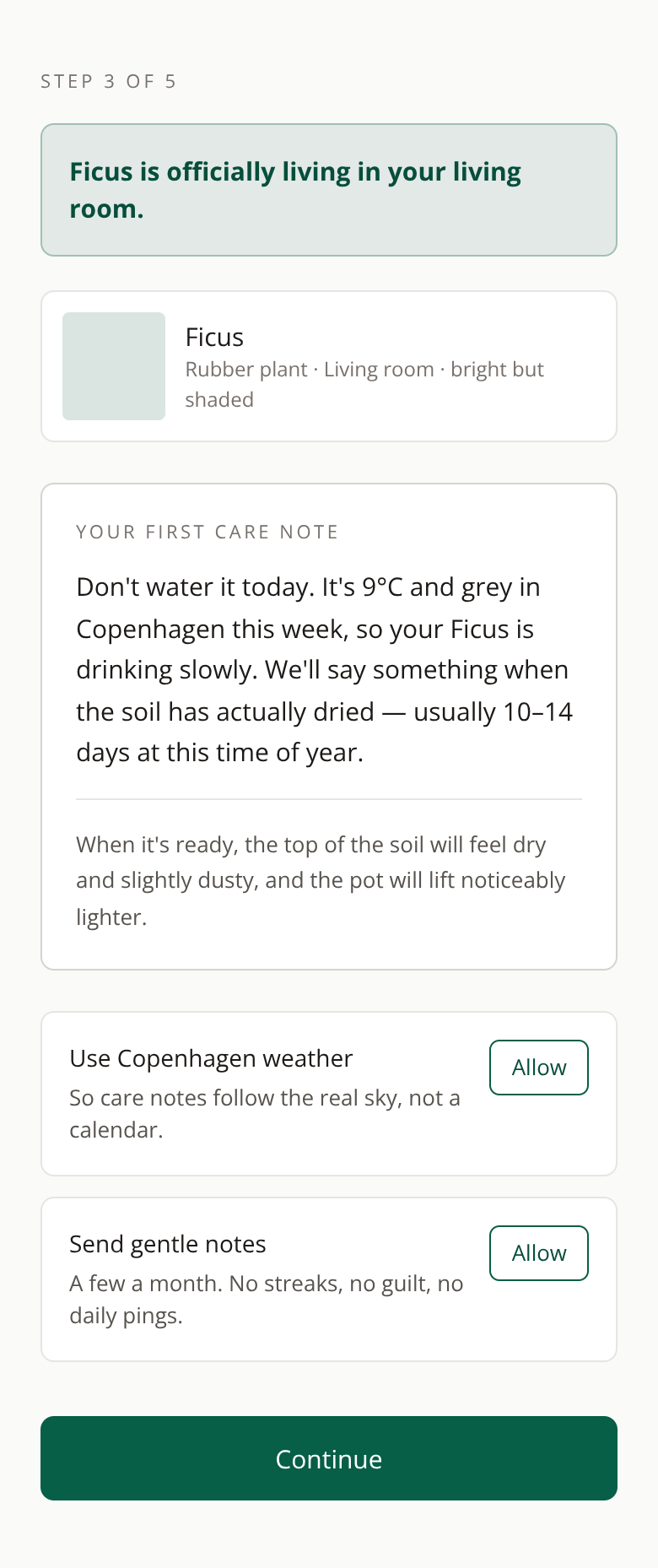 Before: Plant & Botanical Shop onboarding — first care note