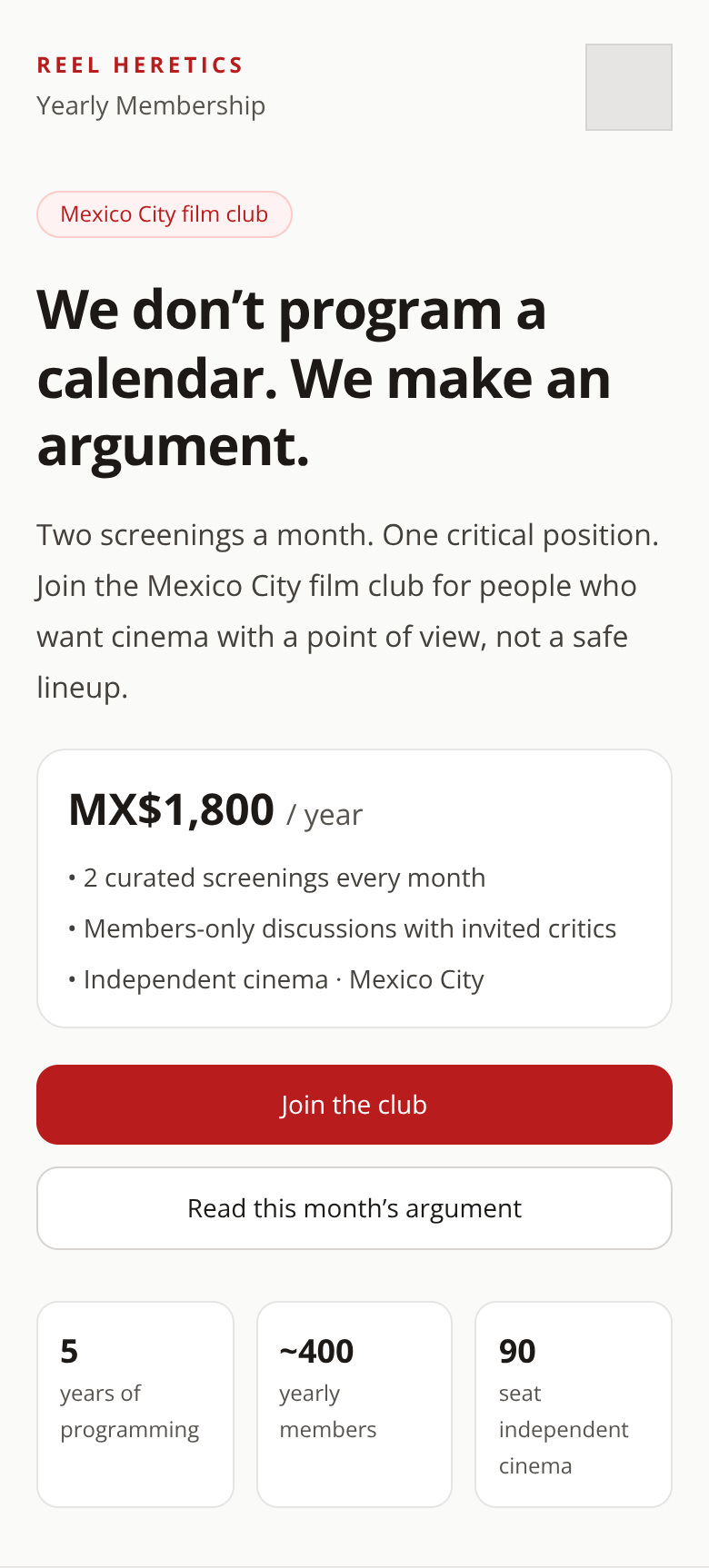 Before: Boutique Cinema Club signup flow — membership pitch