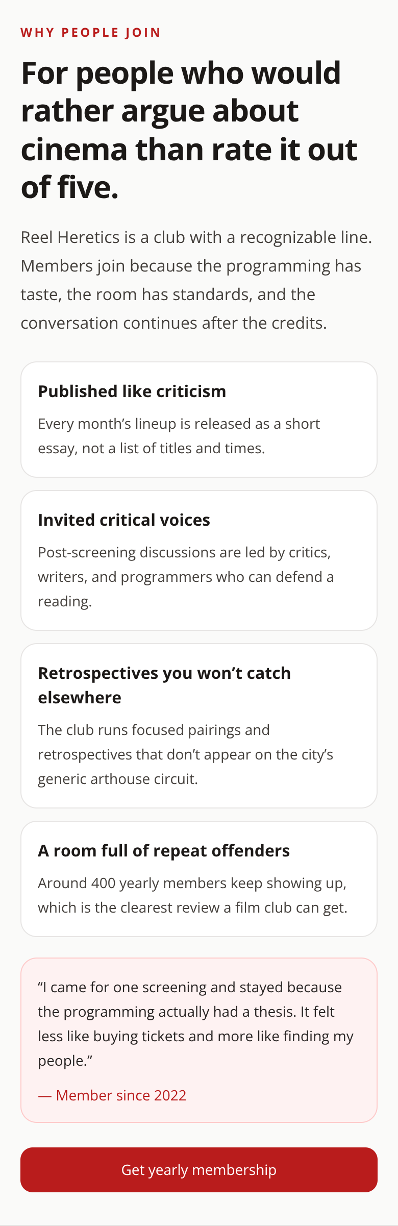 Before: Boutique Cinema Club signup flow — why join