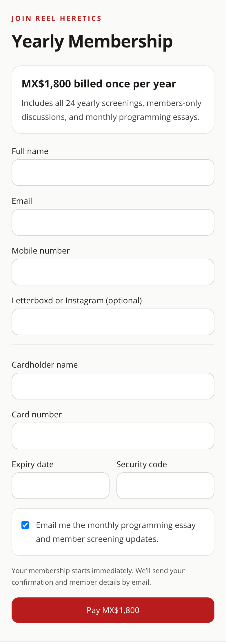 Before: Boutique Cinema Club signup flow — join checkout