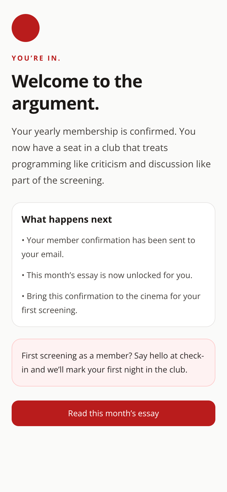 Before: Boutique Cinema Club signup flow — member confirmation