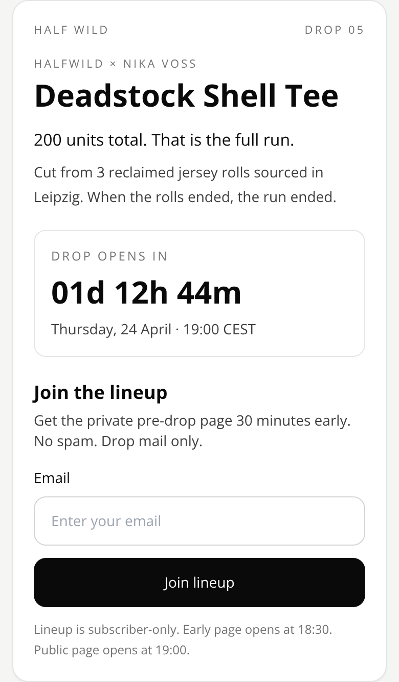 Before: Sustainable Streetwear Brand drop page — pre-drop lineup