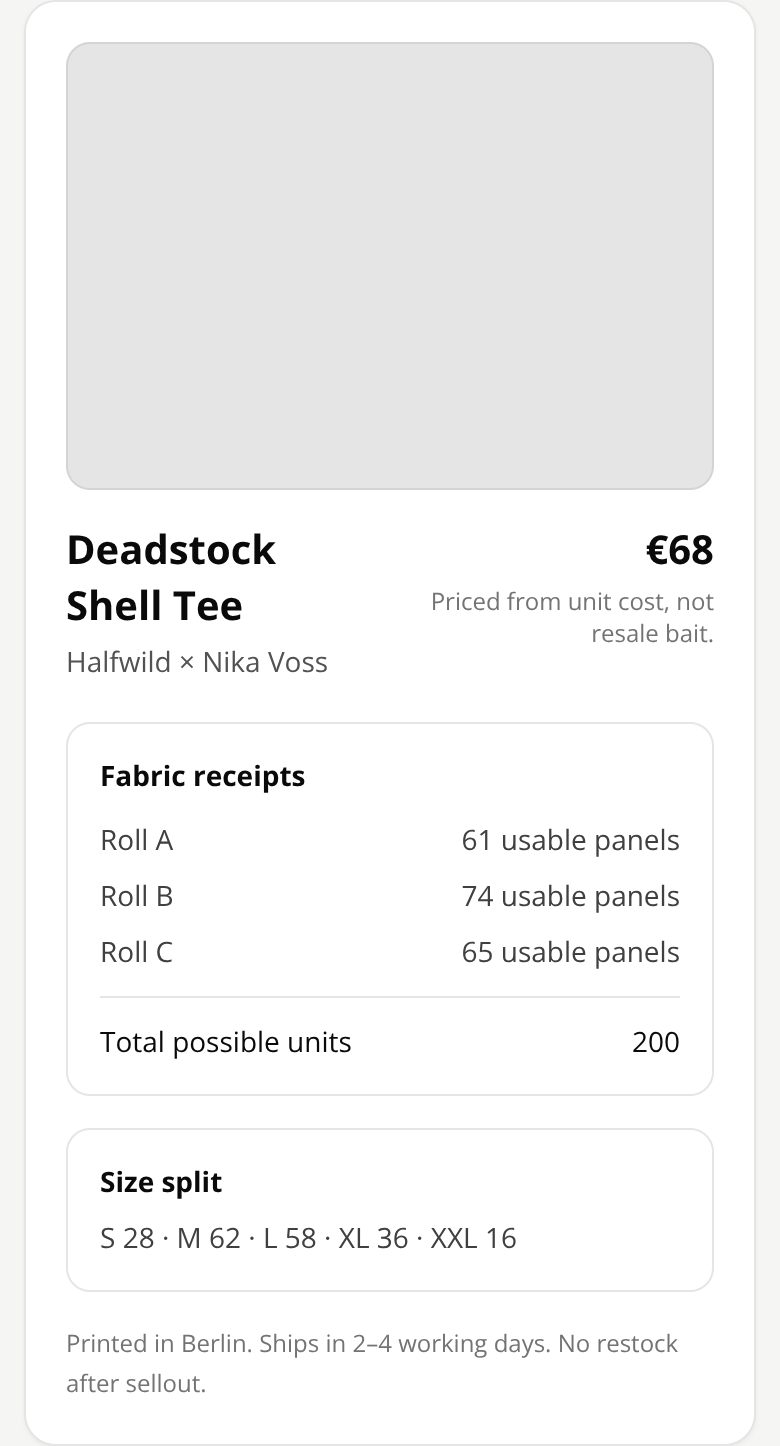 Before: Sustainable Streetwear Brand drop page — drop details