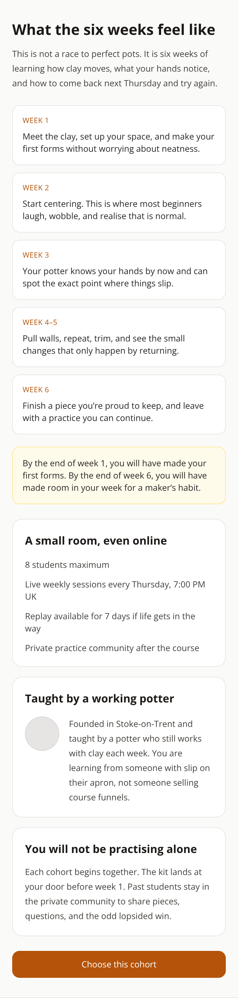 Before: Online Pottery School enrollment page — course details