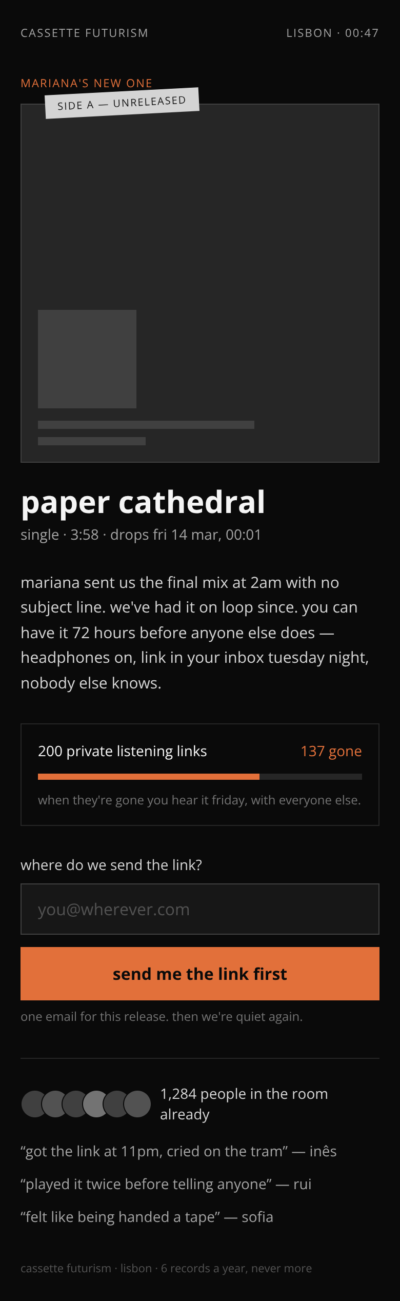 Before: Indie Music Label + email capture — hear it first