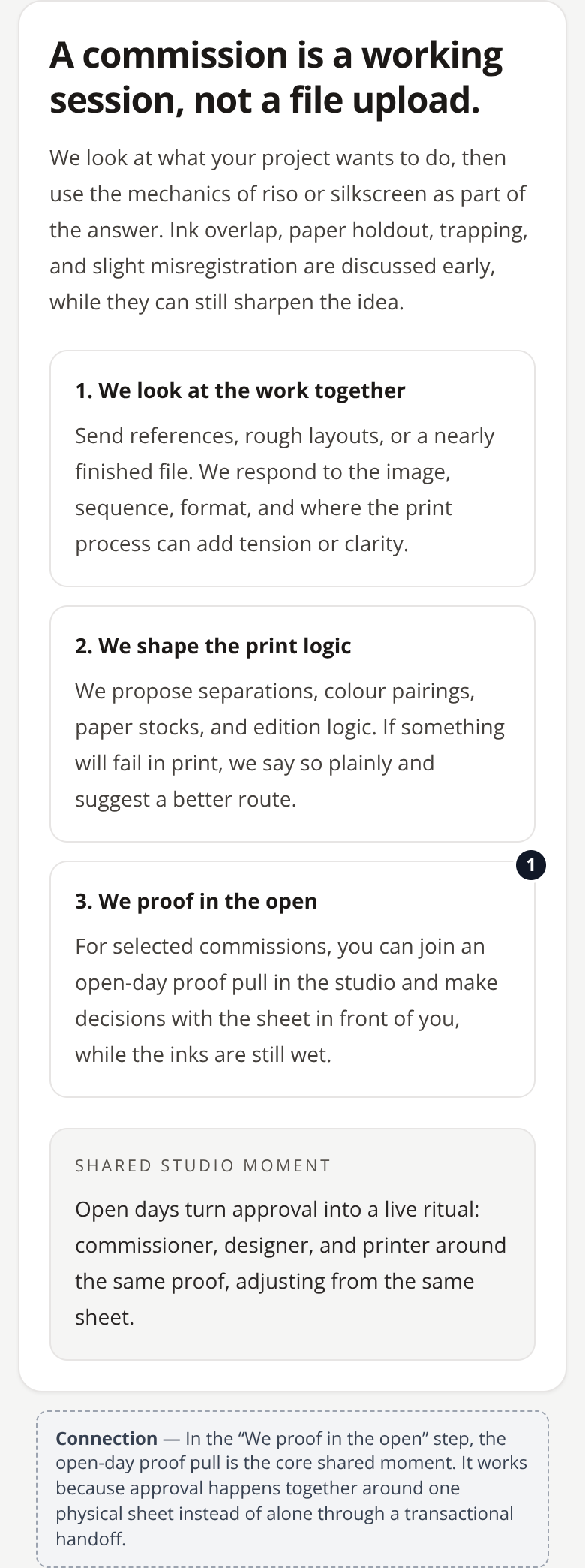 Before: Independent Print Studio service page — how we work