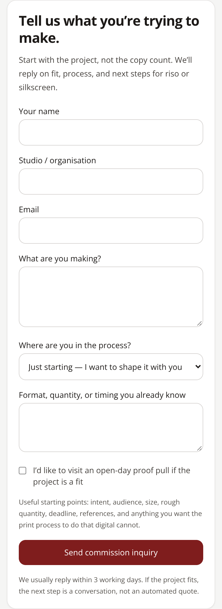 Before: Independent Print Studio service page — inquiry