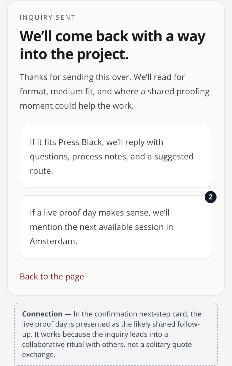 Before: Independent Print Studio service page — confirmation