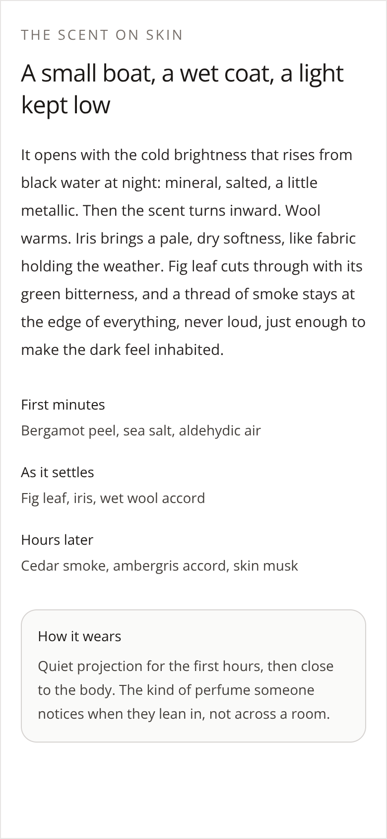 Before: Indie Fragrance House product page — scent story