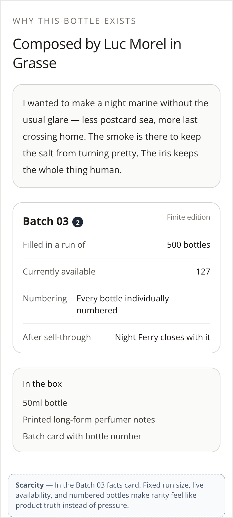 Before: Indie Fragrance House product page — perfumer and batch