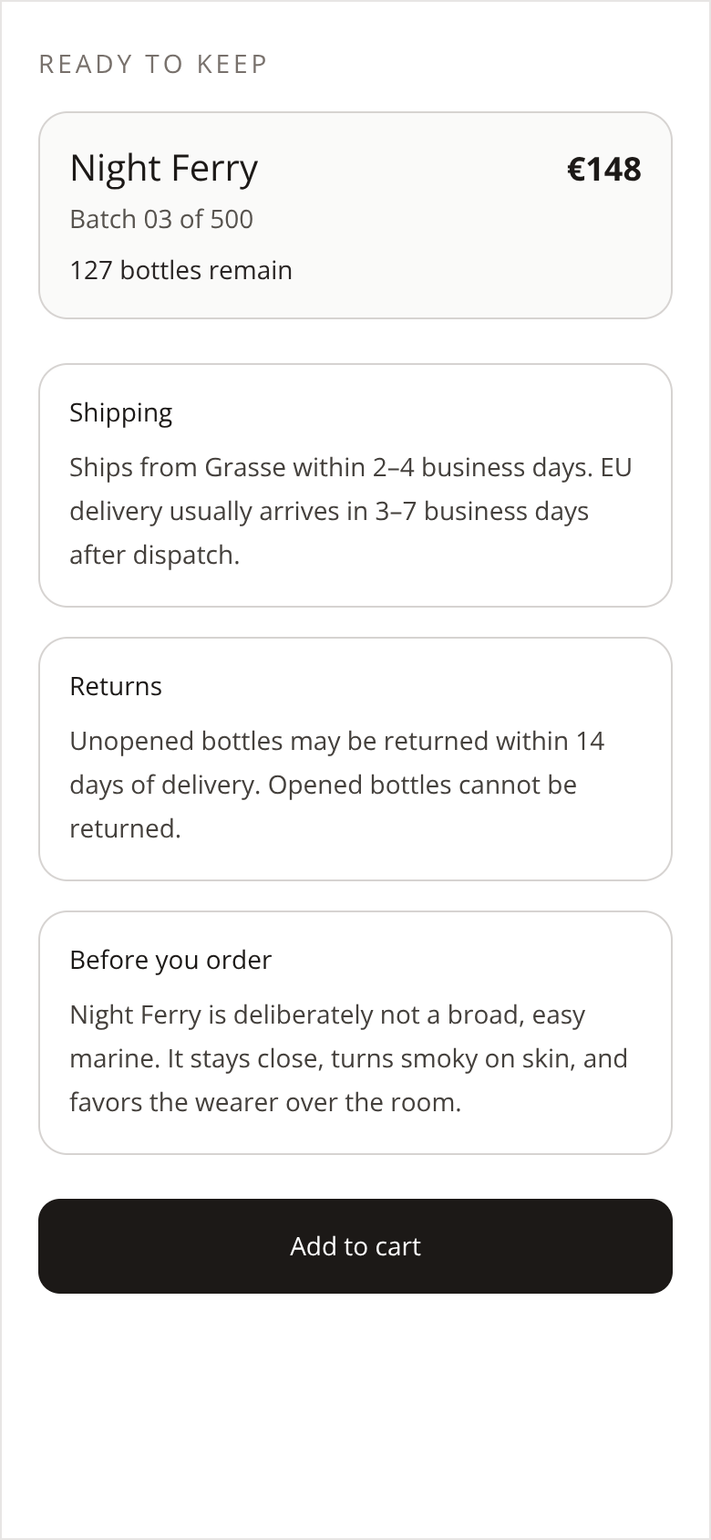 Before: Indie Fragrance House product page — purchase details