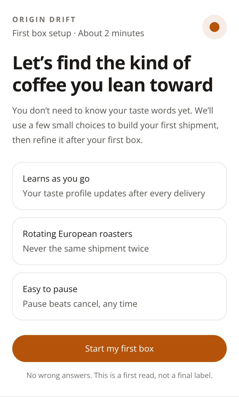 Before: Specialty Coffee Subscription onboarding — welcome start