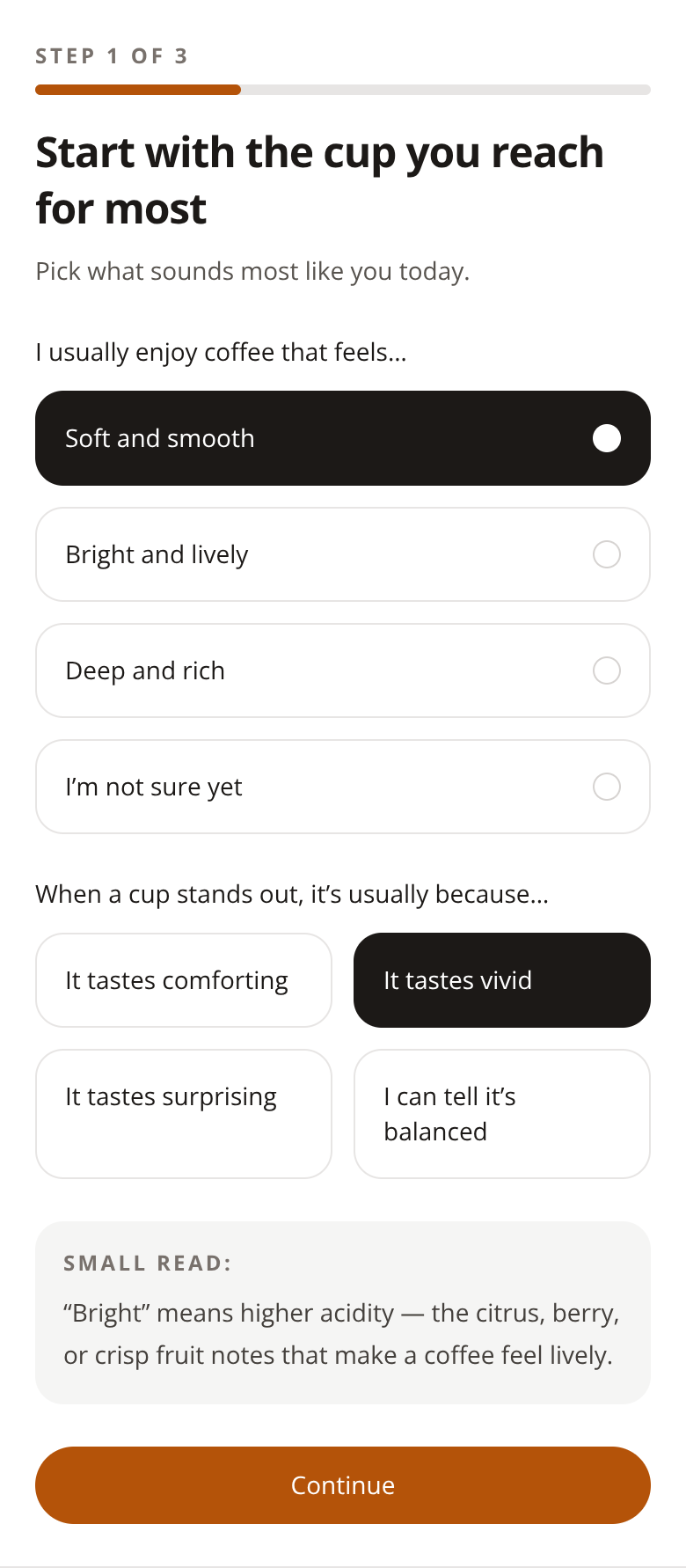 Before: Specialty Coffee Subscription onboarding — taste cues