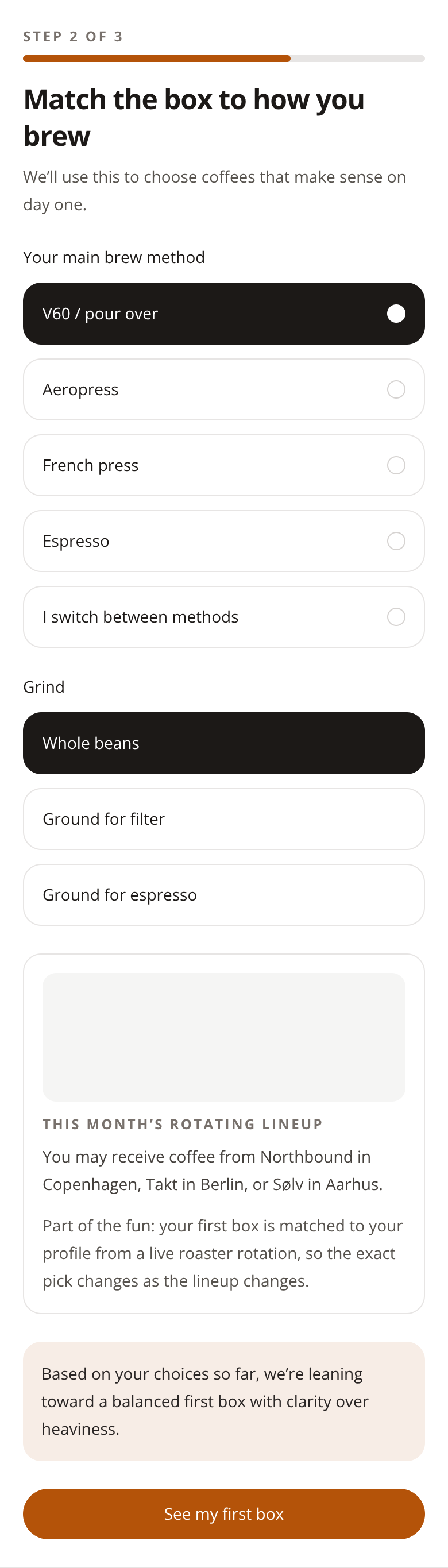 Before: Specialty Coffee Subscription onboarding — brew setup