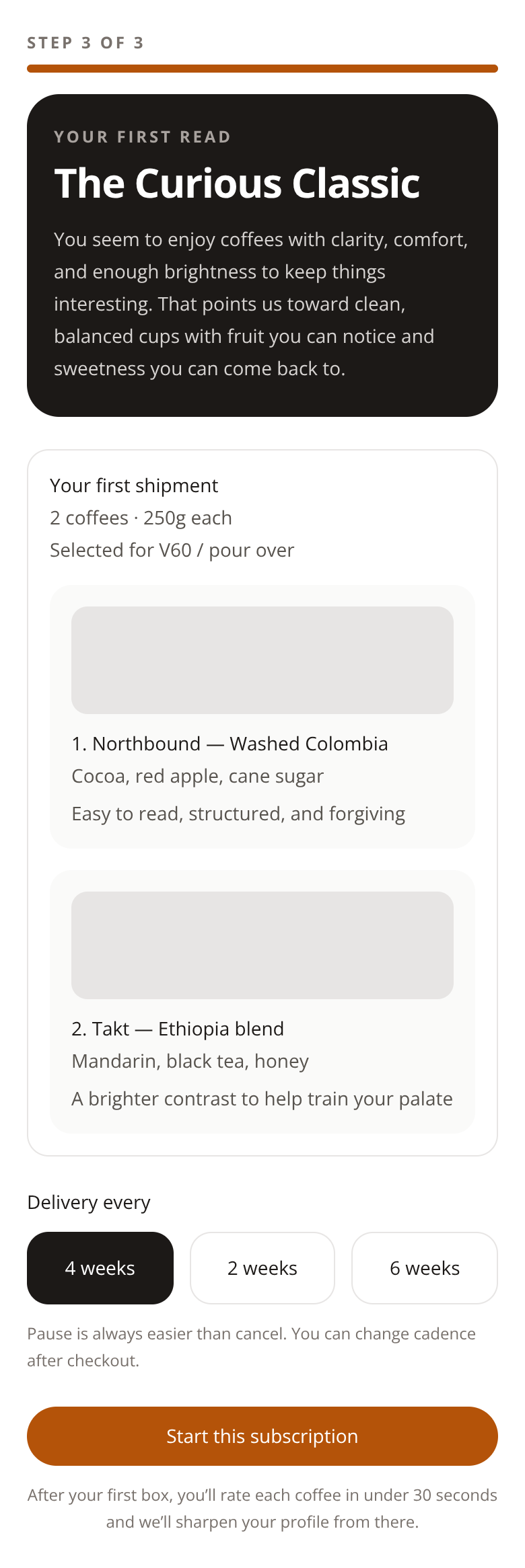 Before: Specialty Coffee Subscription onboarding — profile reveal