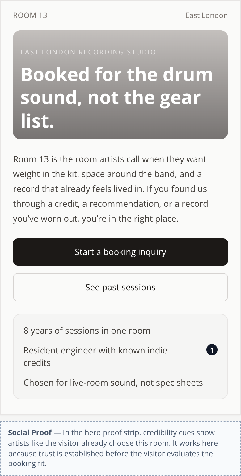Before: Boutique Recording Studio booking page — hero intro