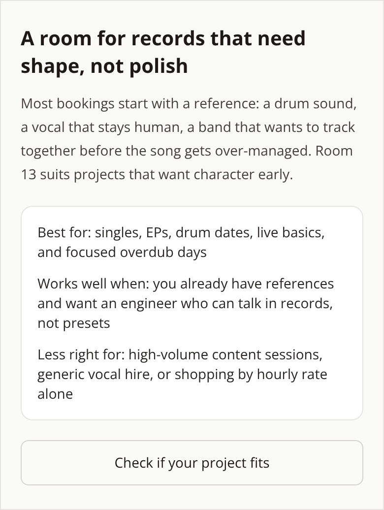 Before: Boutique Recording Studio booking page — project fit