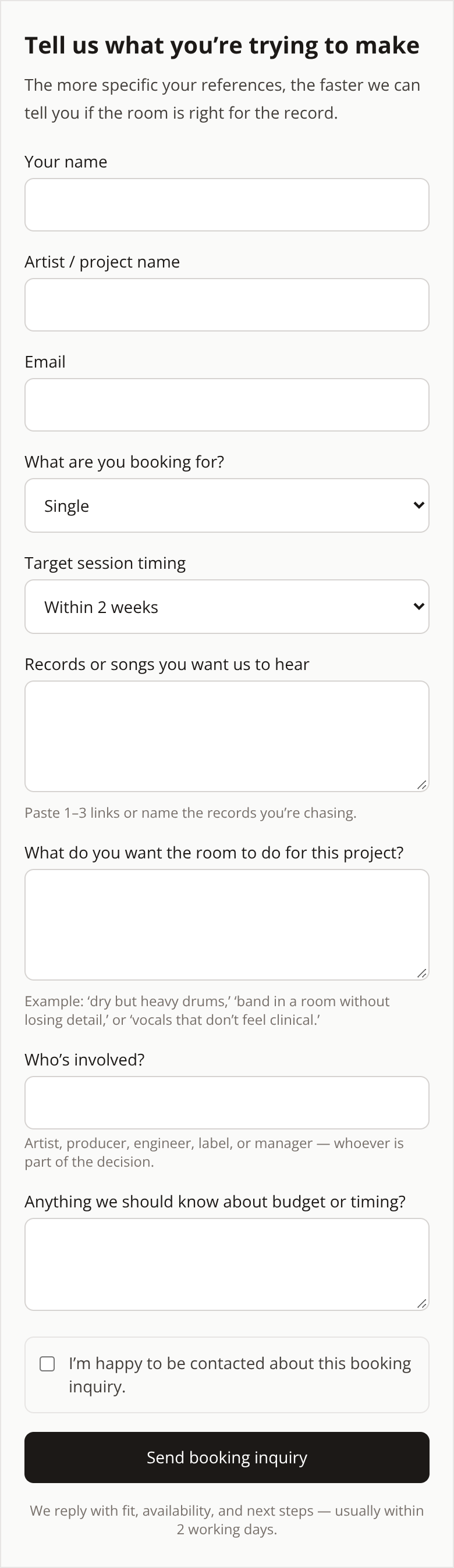 Before: Boutique Recording Studio booking page — booking inquiry