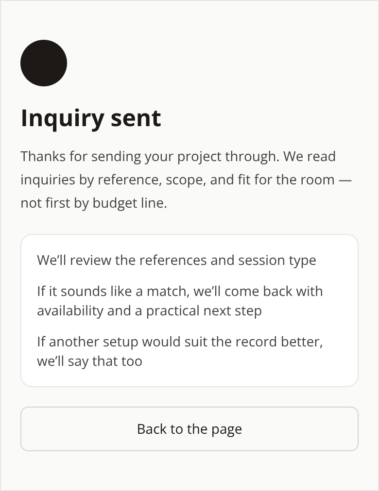 Before: Boutique Recording Studio booking page — confirmation