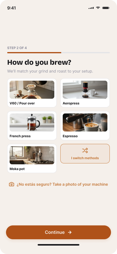 Specialty Coffee Subscription — onboarding — screen 8 brew method